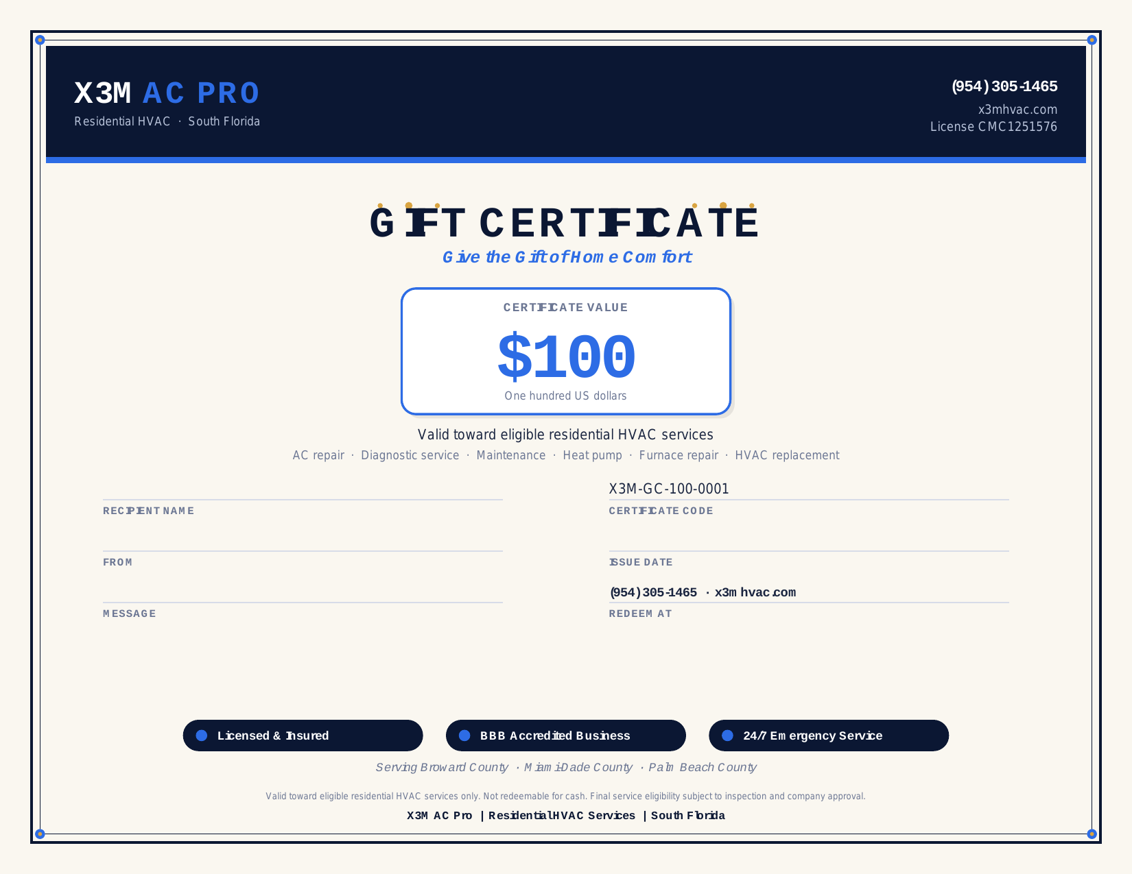 X3M AC Pro $100 gift certificate sample