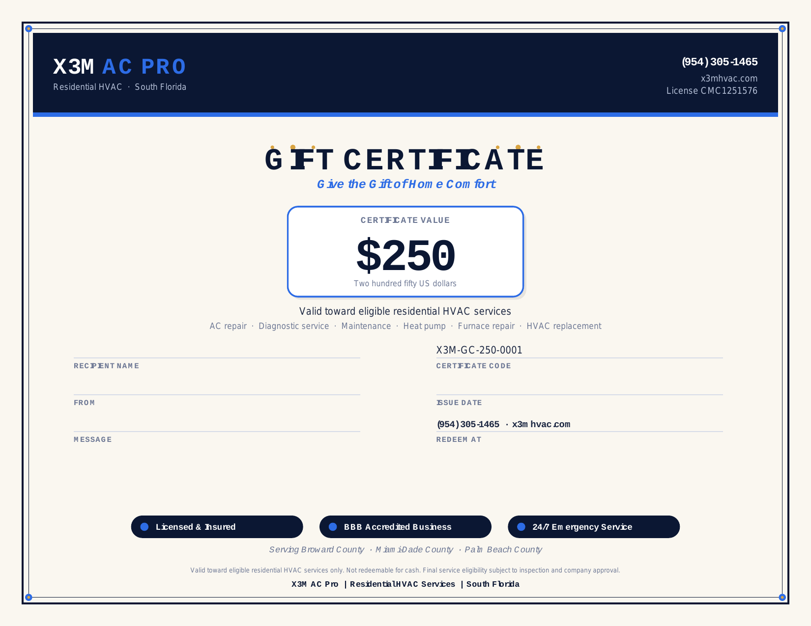 X3M AC Pro $250 gift certificate sample