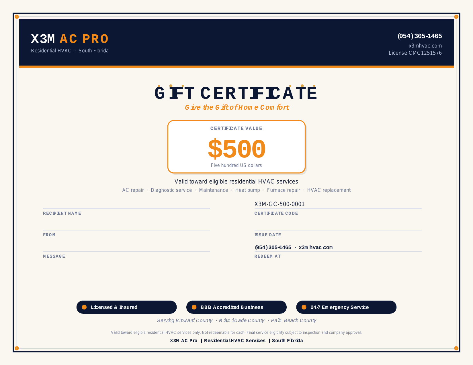 X3M AC Pro $500 gift certificate sample