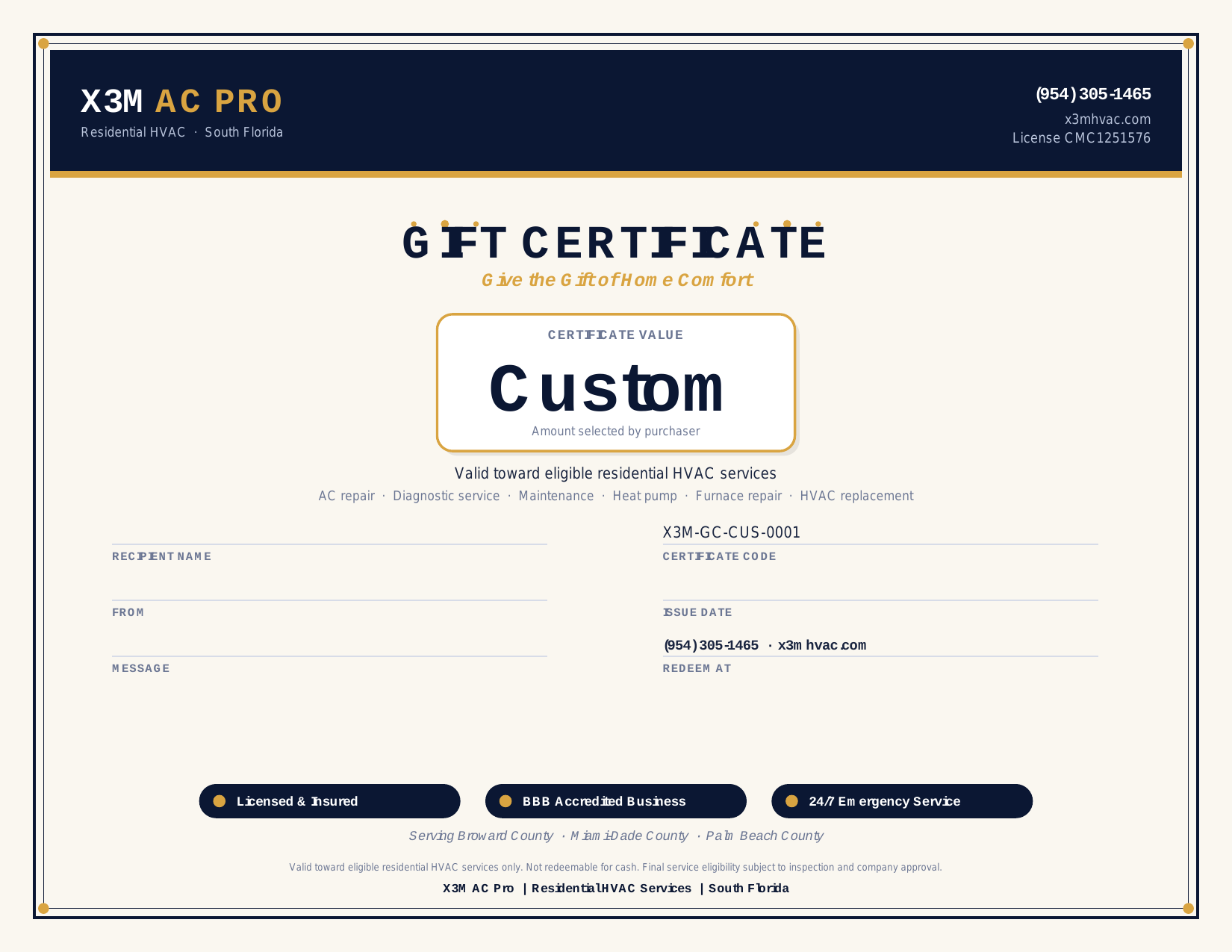 X3M AC Pro Custom gift certificate sample